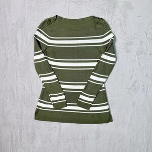 Talbots Petite Sage Green/White Stripe Cotton Knit Sweater Boat Neck Long Sleeve